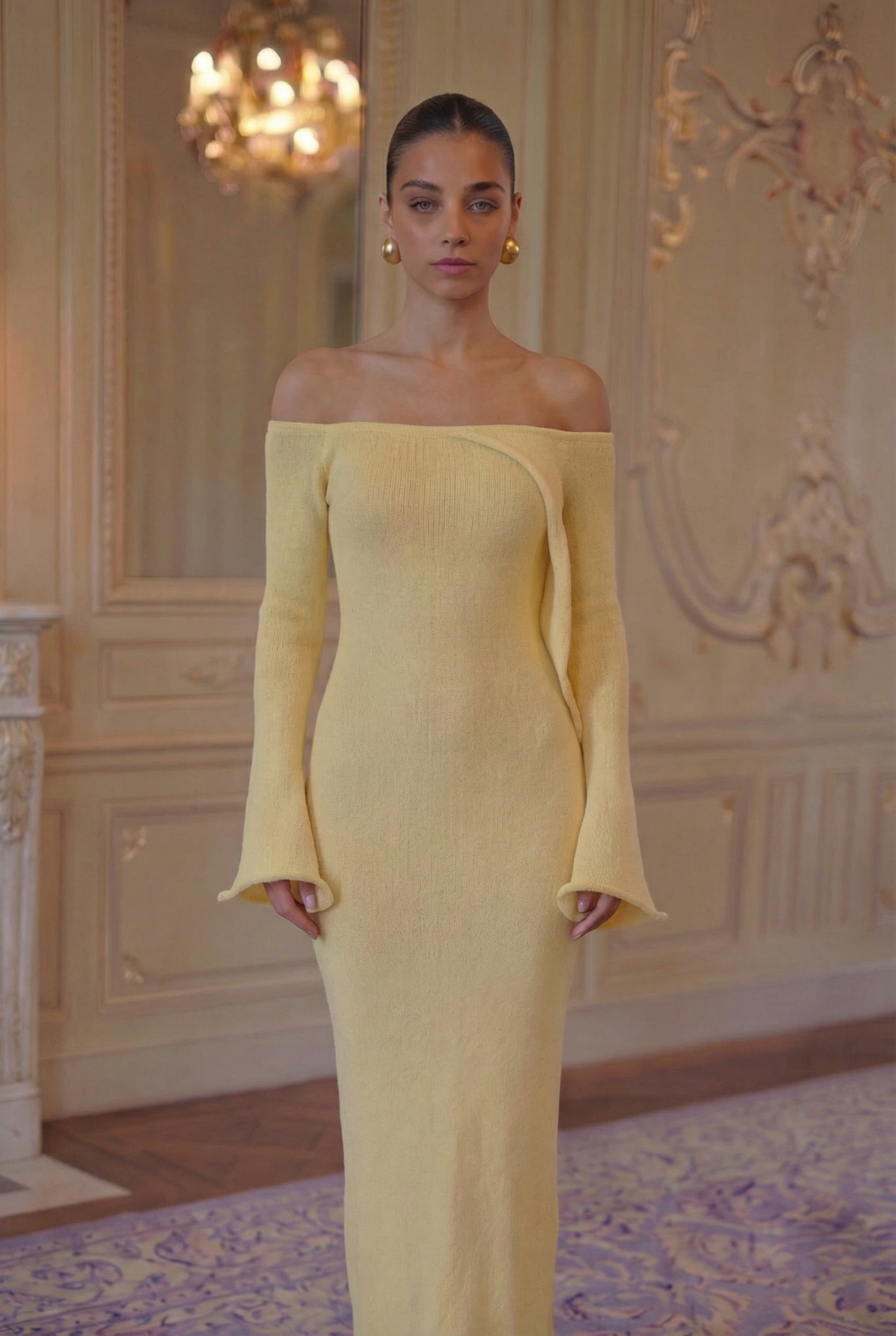 Petal Sleeve Off-Shoulder Knit Gown - Citrine Yellow Lus Deluné