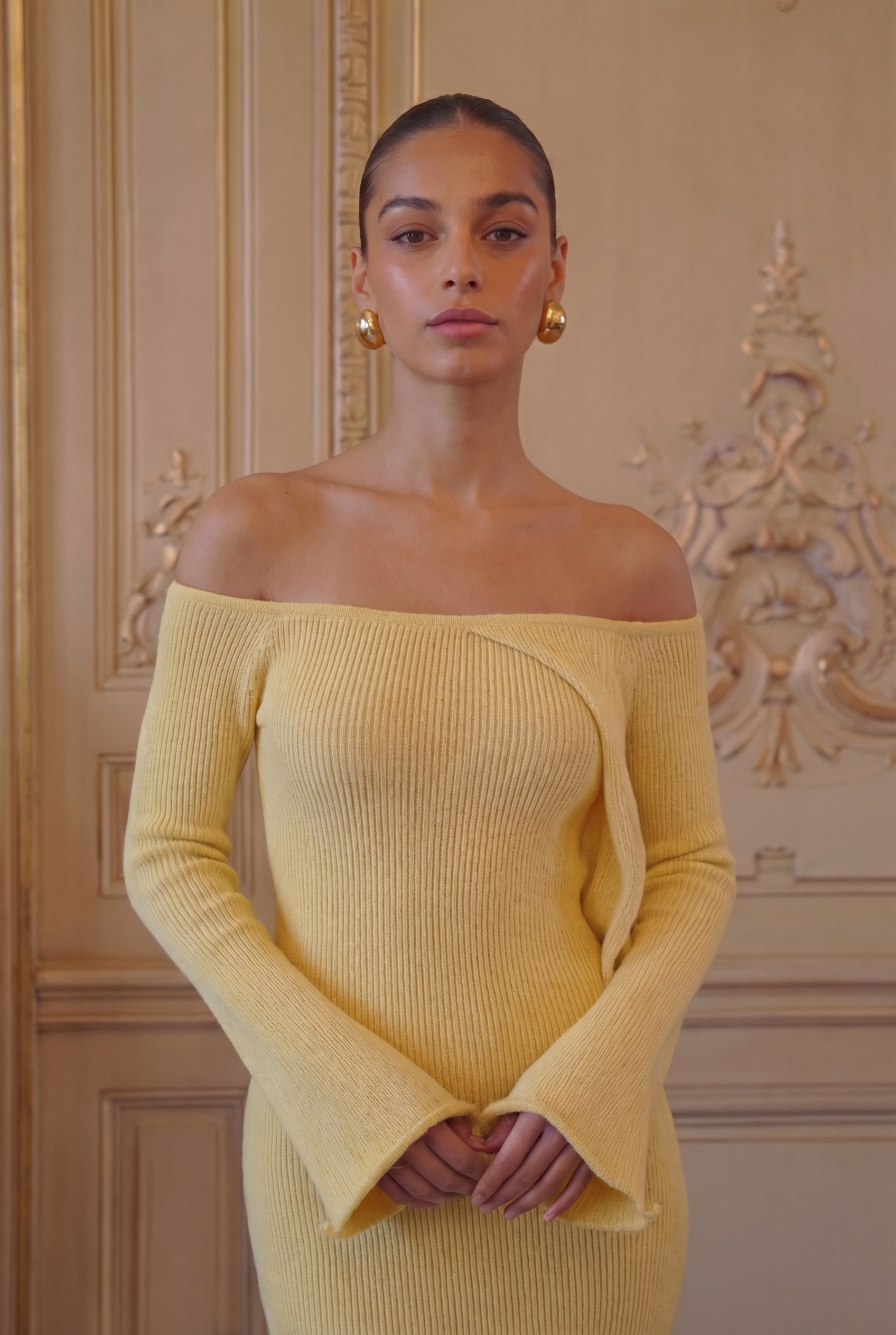 Petal Sleeve Off-Shoulder Knit Gown - Citrine Yellow Lus Deluné