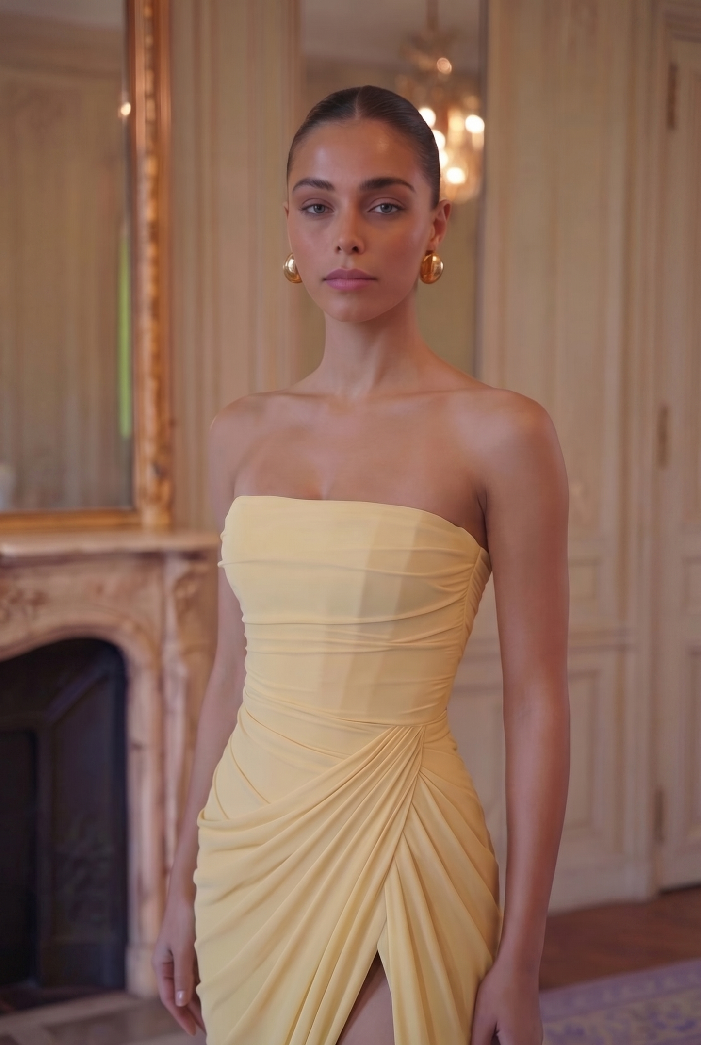 Cascade Drape Strapless Gown - Butter Yellow Lus Deluné