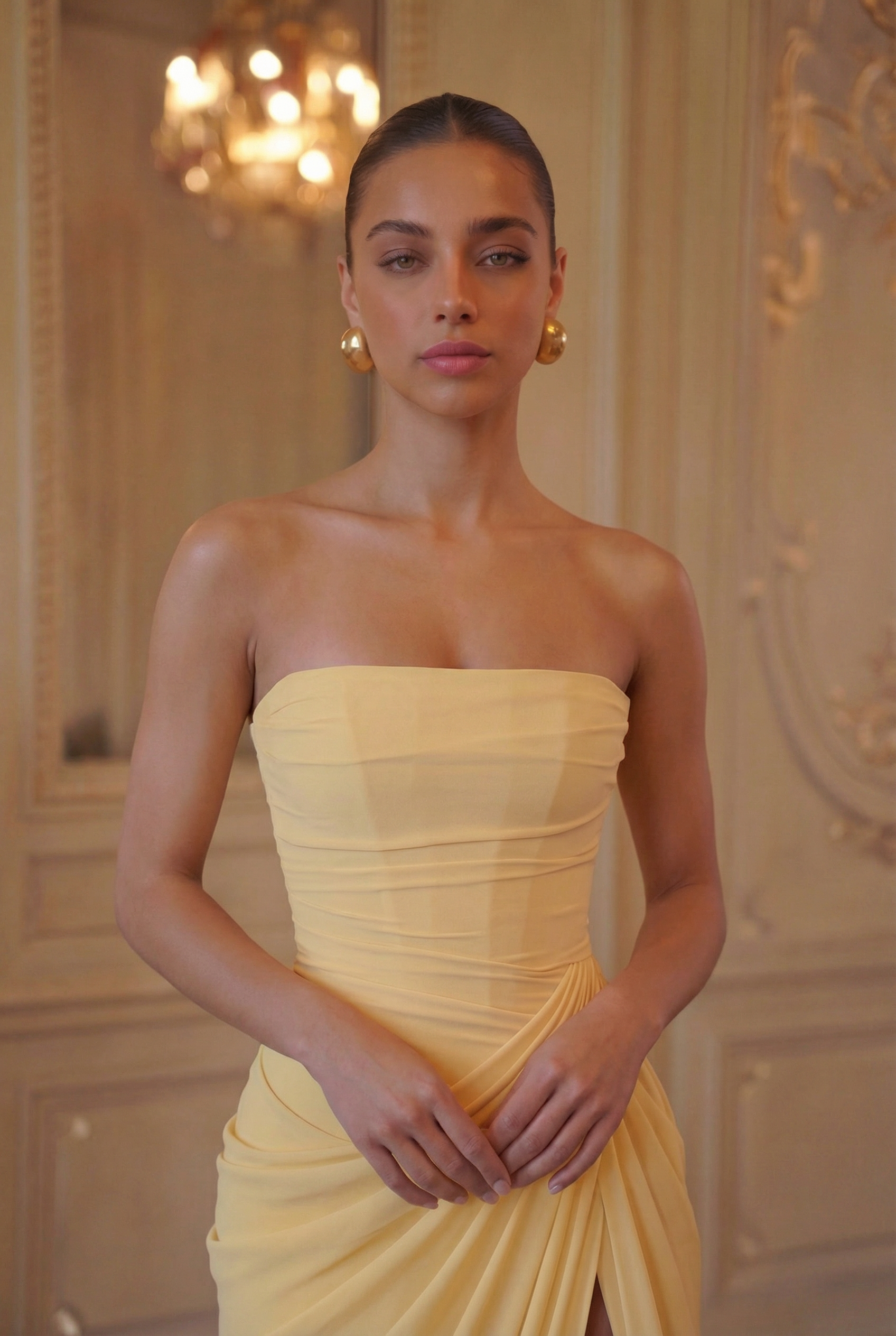 Cascade Drape Strapless Gown - Butter Yellow Lus Deluné