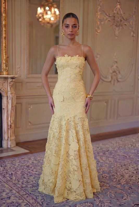 Lotus Lace Mermaid Gown - Lemon Yellow Lus Deluné
