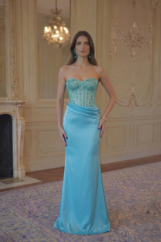 Celeste Corset Satin Gown - Aqua Blue Lus Deluné