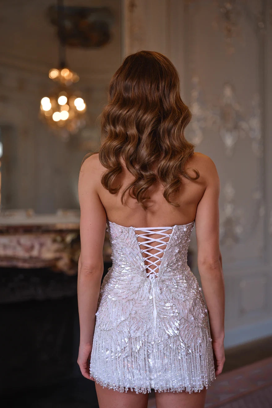 Solenne Beaded Halter Mini Dress - Silver Radiance Lus Deluné