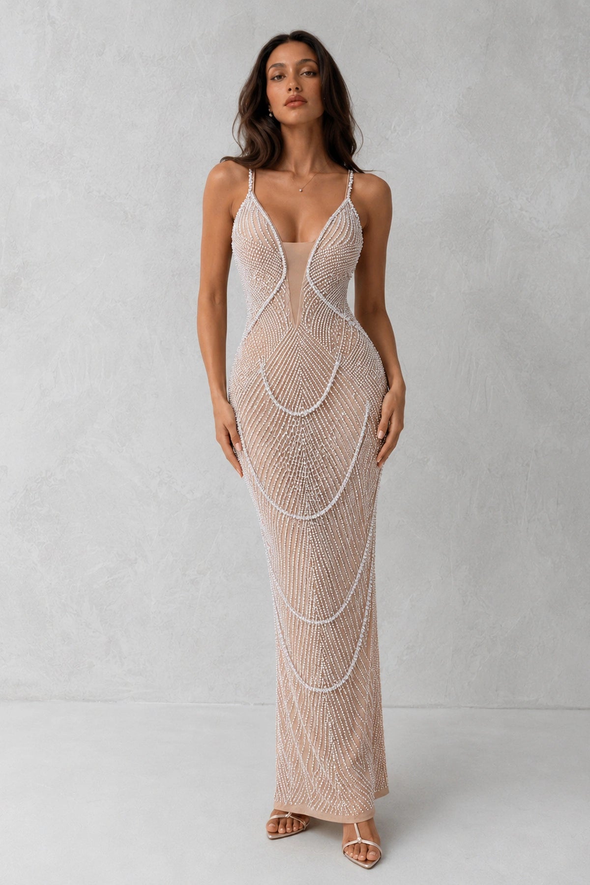 Aurora Pearl Beaded Gown — Champagne Nude Lus Deluné