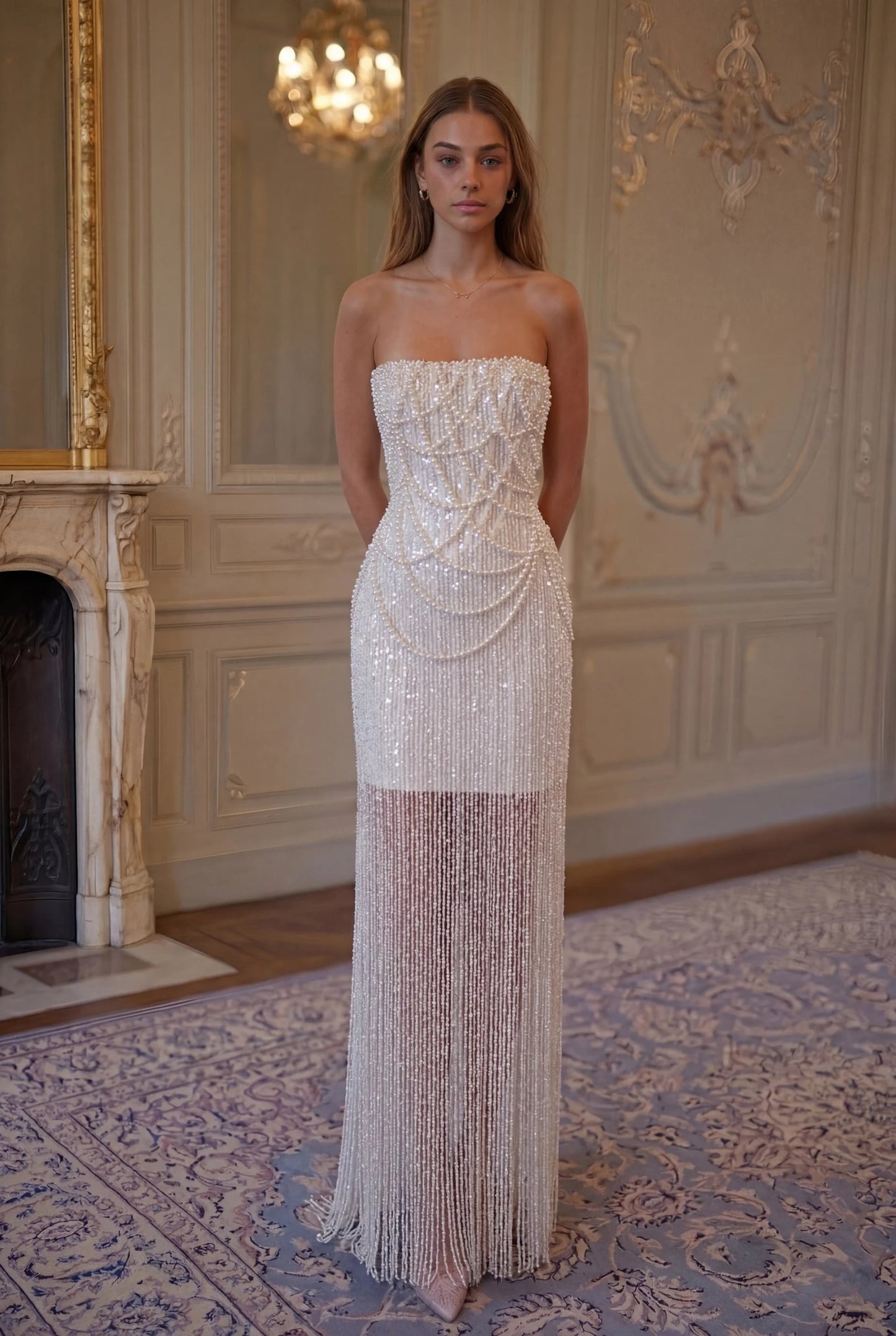 Elara Beaded Column Gown - Pearl Ivory Lus Deluné