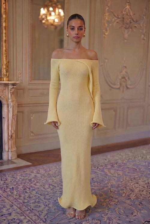Petal Sleeve Off-Shoulder Knit Gown - Citrine Yellow Lus Deluné