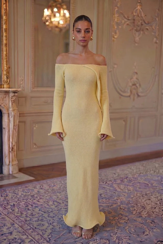 Petal Sleeve Off-Shoulder Knit Gown - Citrine Yellow Lus Deluné