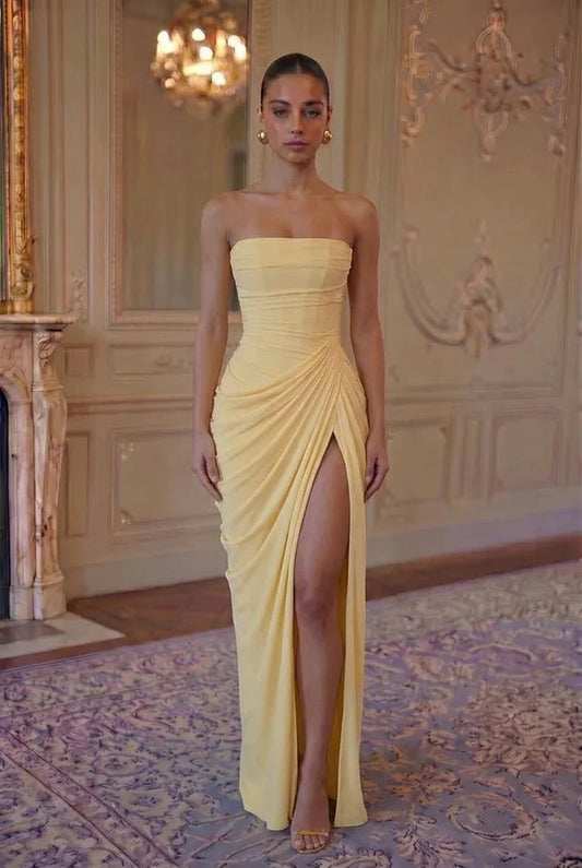 Cascade Drape Strapless Gown - Butter Yellow Lus Deluné