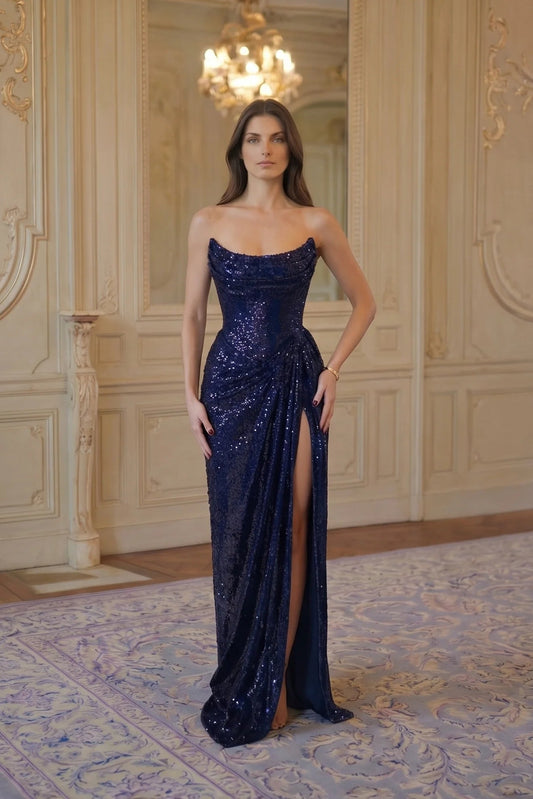 Midnight Sequin Column Gown - Deep Navy Lus Deluné