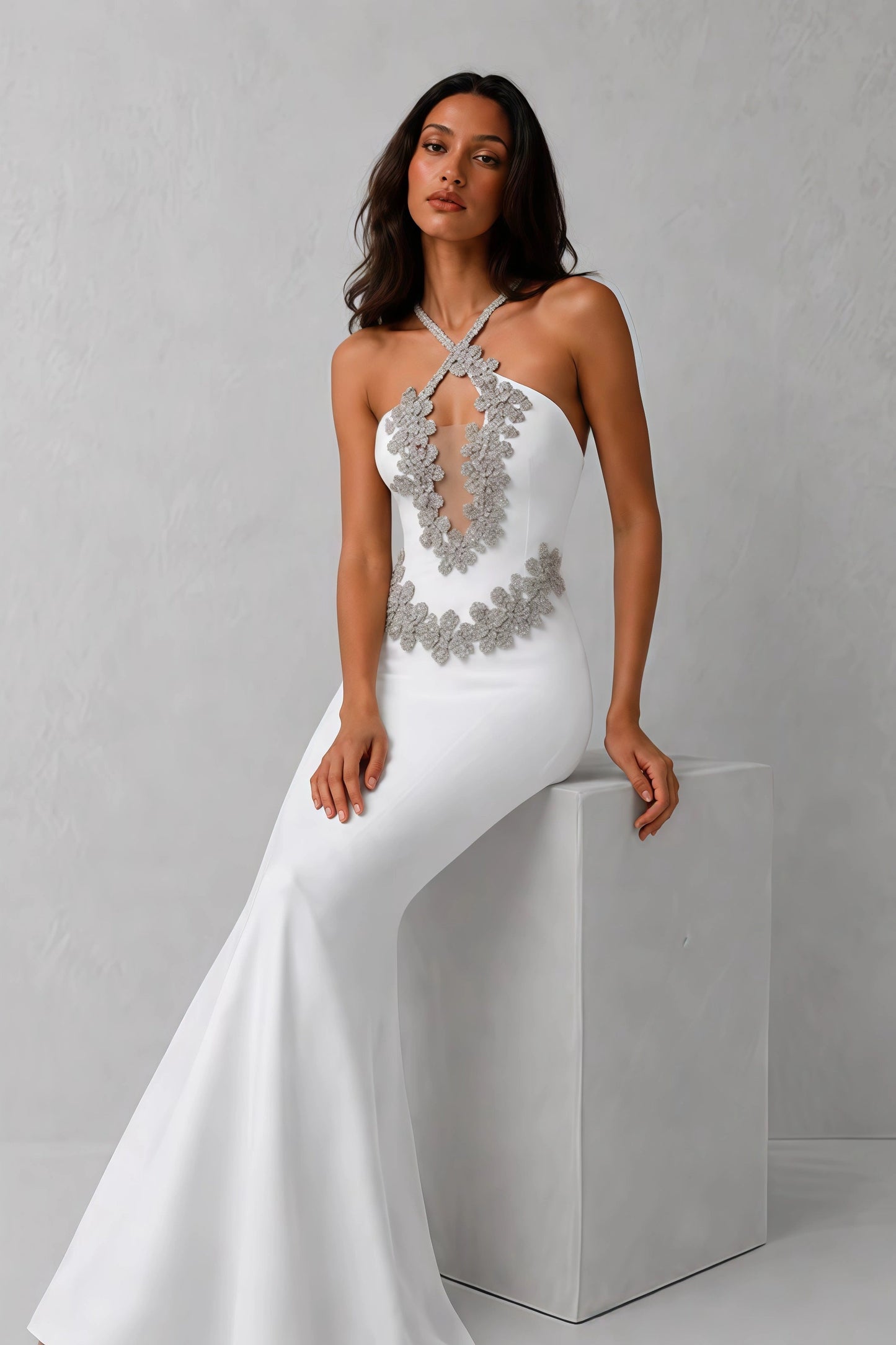 Ophelia Crystal Halter Gown — Pearl White Lus Deluné