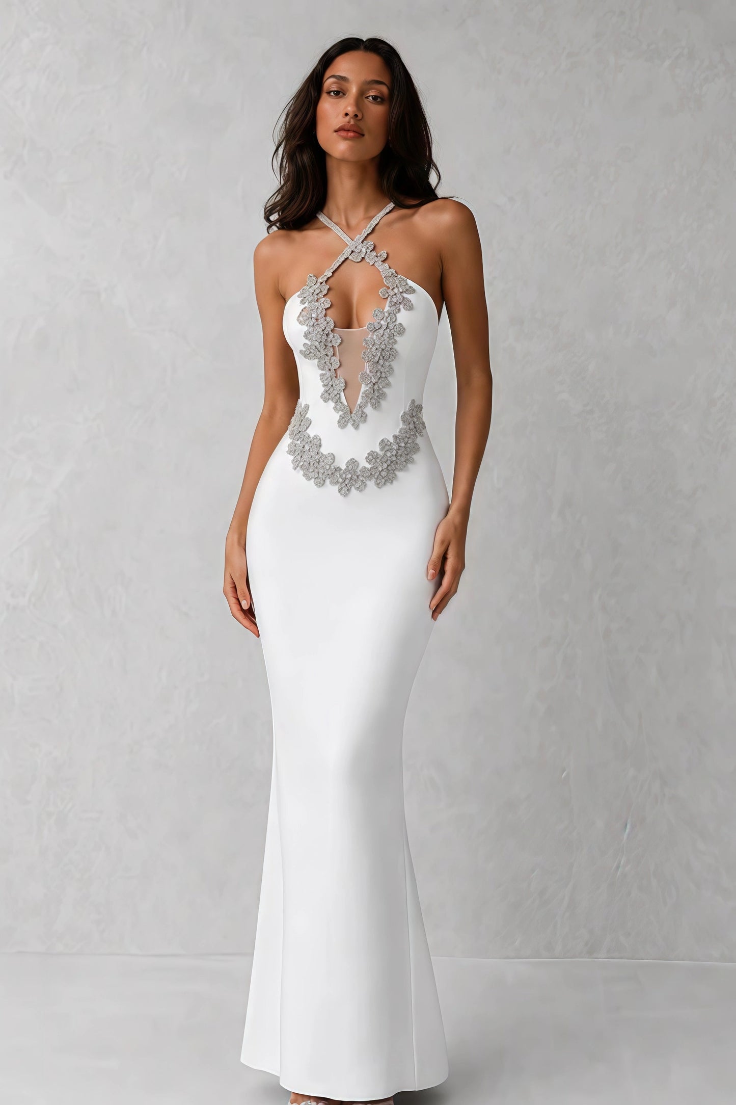 Ophelia Crystal Halter Gown — Pearl White Lus Deluné