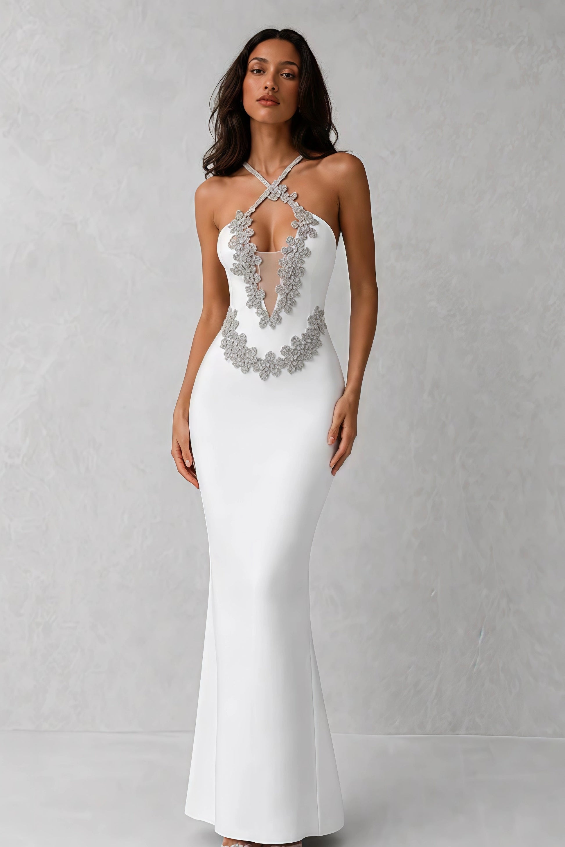 Ophelia Crystal Halter Gown — Pearl White Lus Deluné