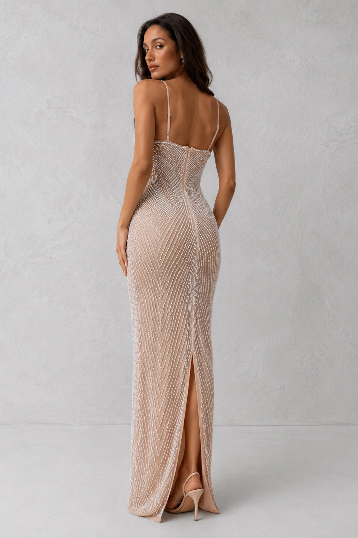 Aurora Pearl Beaded Gown — Champagne Nude Lus Deluné