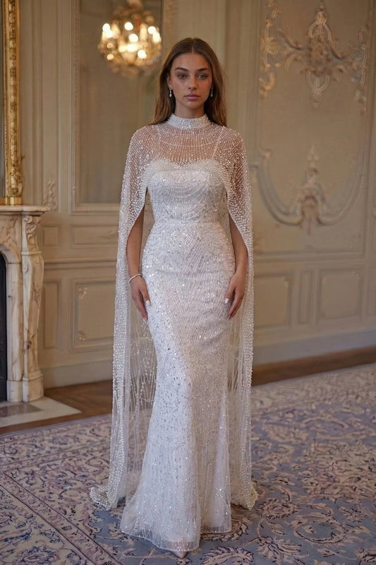Ivory Cape Gown - Pearl White Lus Deluné